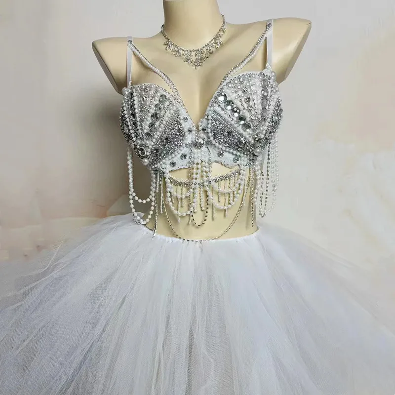 Women's Sexy White Pearl Crystal Bikini Set with Gauze Skirt for Bar Party Rave Dance DJ Disco Carnival Show Performance Costume