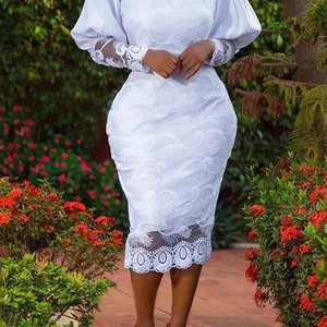 Vestido de renda branco elegante para mulheres, manga folhada, vestido de lápis bordado, tamanho grande, adequado para casamento, aniversário, roupas noturnas para senhoras, 4XL 8 principais vendas vestido feminino renda plus size - №8