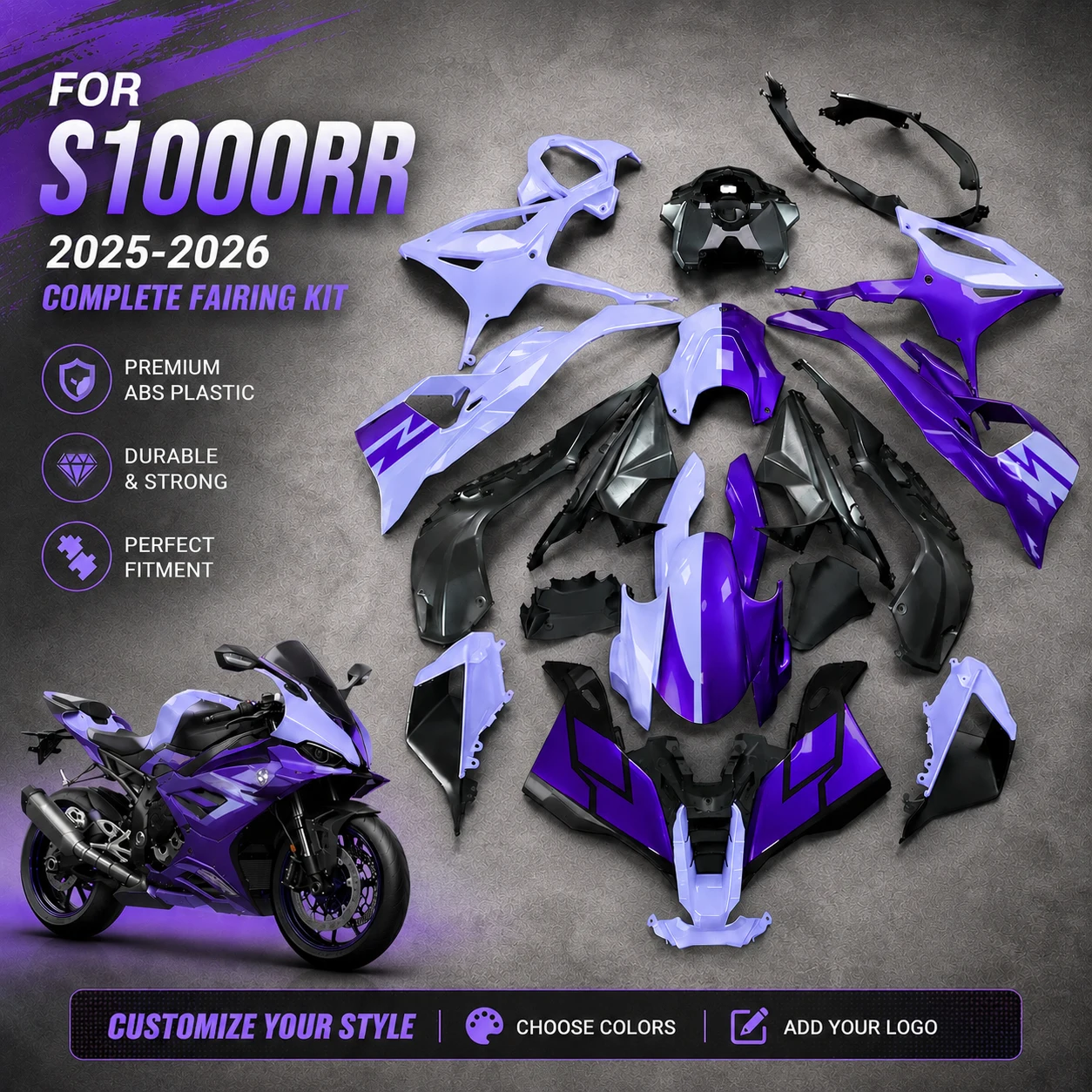 For BMW S1000 RR 2025 2026 Racing Style Purple Fairing Kit Pre-Drilled ABS Injection Complete Body Repair Cowl Shell Panels