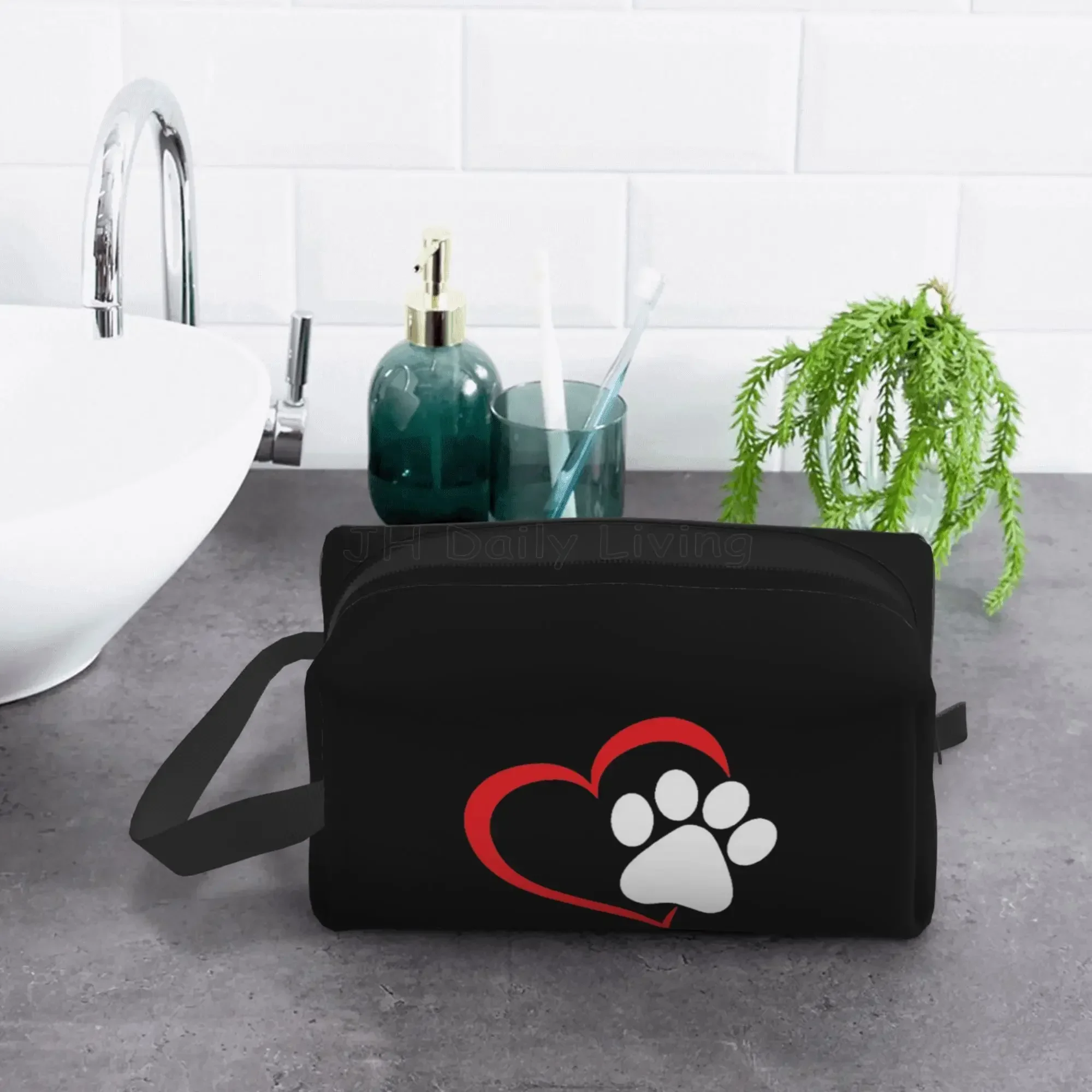 Sacs de rangement pour empreinte de patte de chien, sac cosmétique portable, grande capacité, trousses de toilette de voyage, trousse de maquillage en poudre, coeur d'amour rouge, chiot