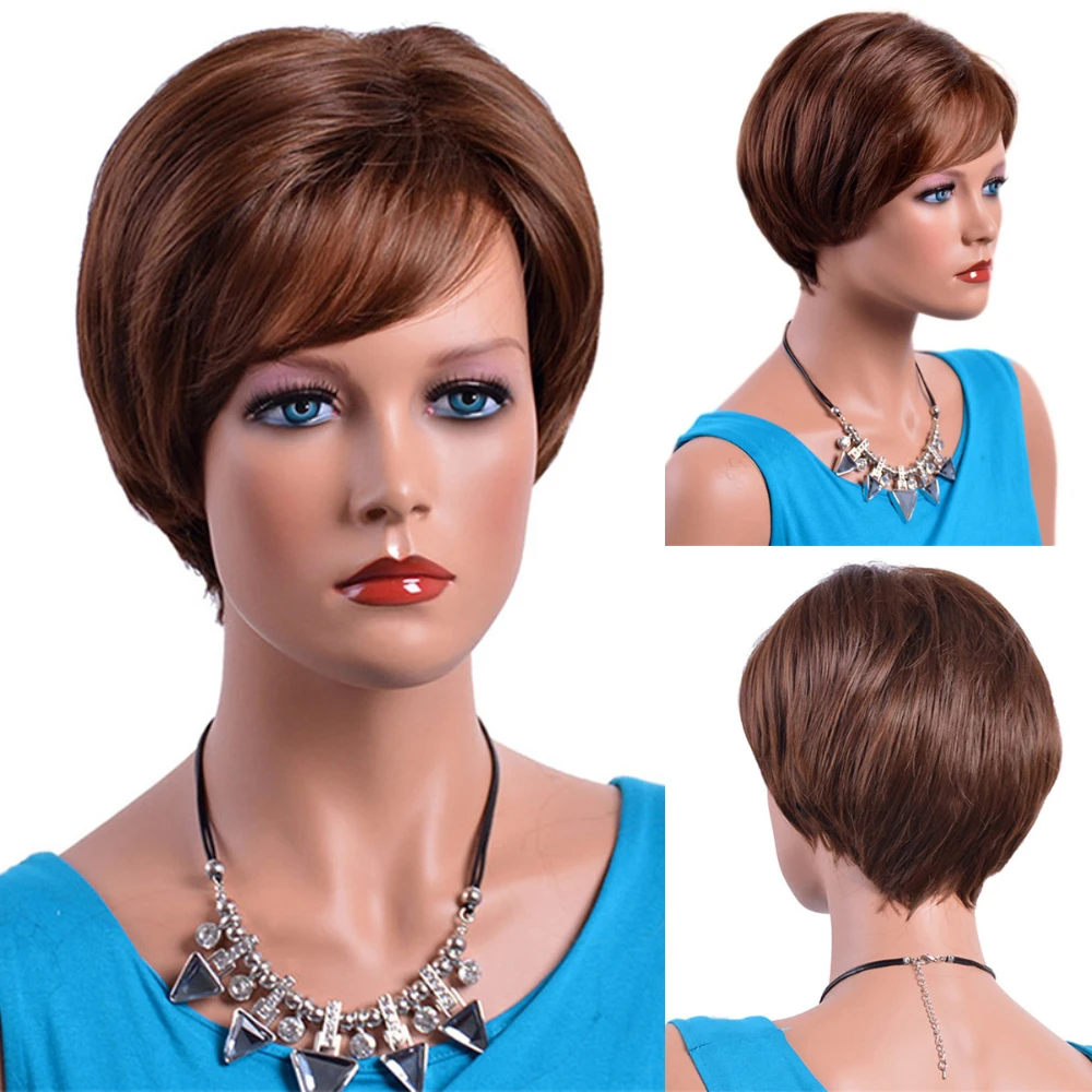 MSWIGS-Perruque synthétique coupe courte avec frange pour femme, cheveux afro bicolores, brun foncé, blanc