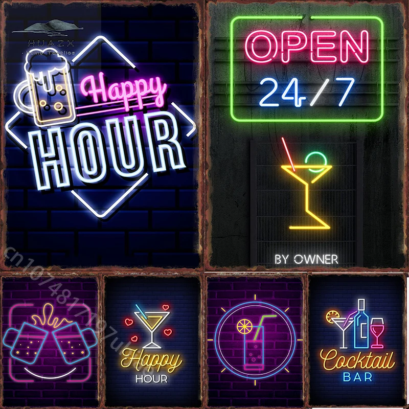 Vaporwave Neon Happy Hour Metal Signs for Bar Club Pub Bedroom Tin Sign Decorative Plaques Painting Wall Aesthetical Decoration