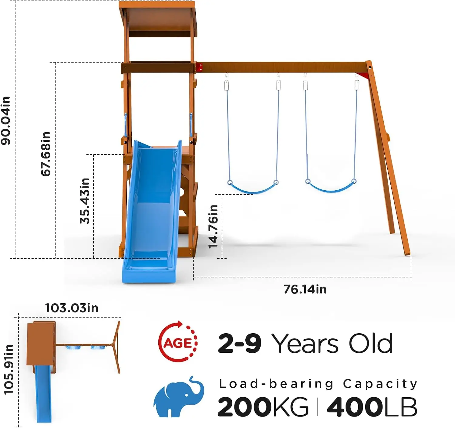 Balançoires en bois pour jardin avec toboggan de 6 pieds, ensemble de jeu extérieur pour enfants avec fosse à sable, mur d'escalade et 2 balançoires à ceinture, lourd D