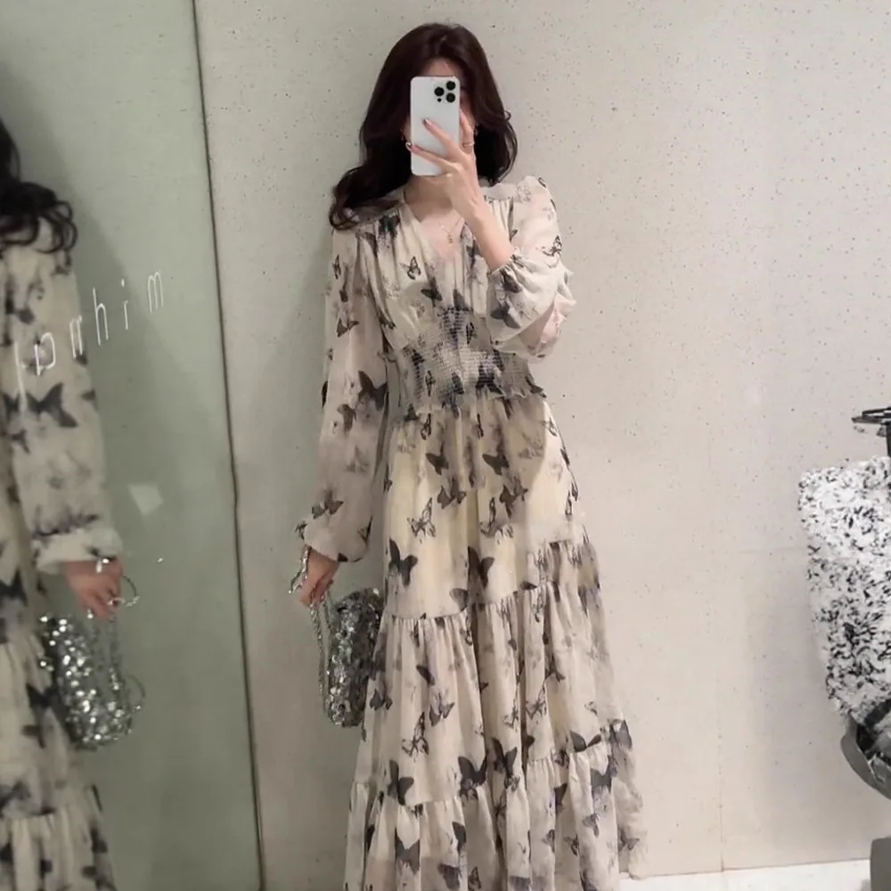 Butterfly Floral Dress for Women in Autumn Winter 25 New French V-neck Ink Printing Long Sleeve Waist-hugging to Make You Look