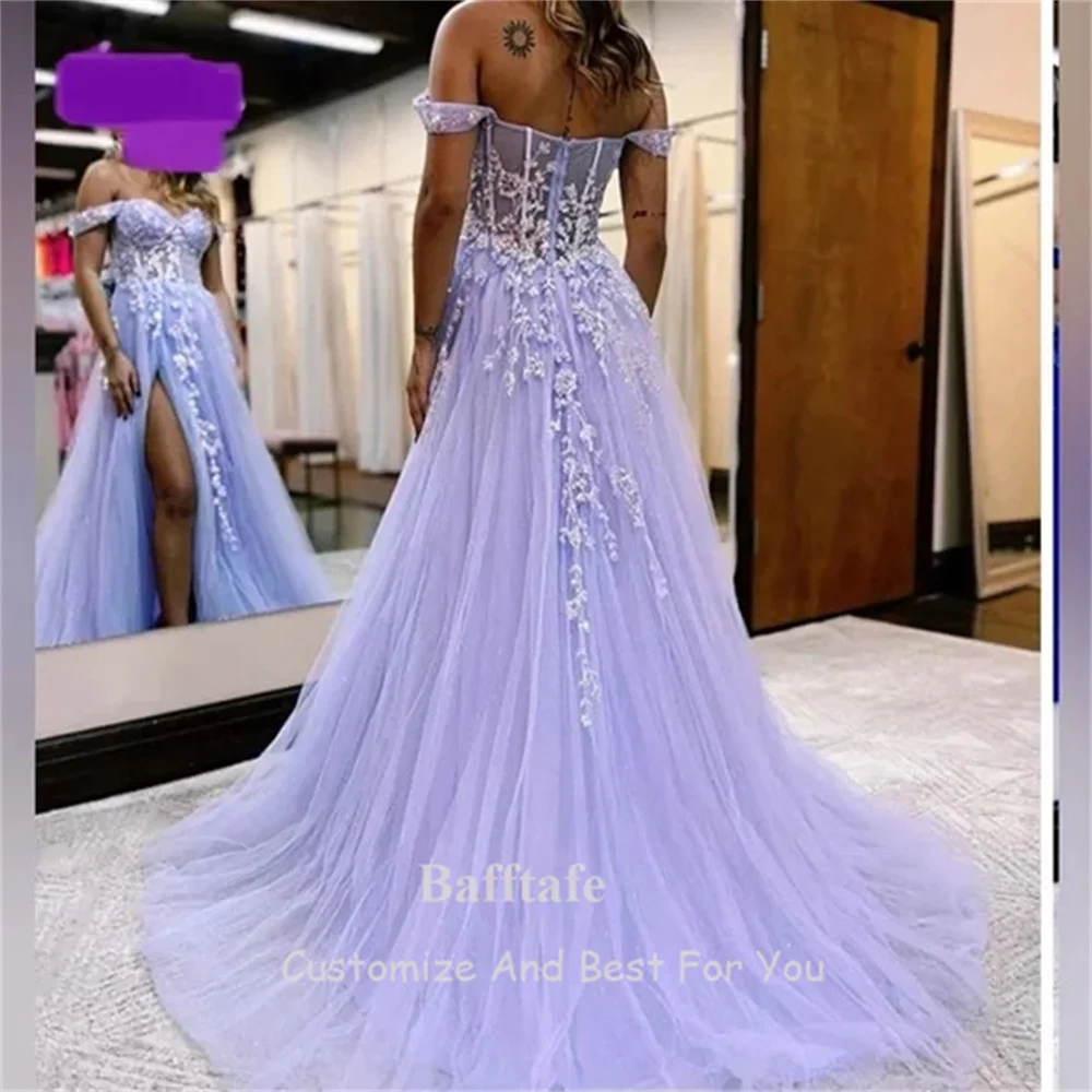 Bafftafe Fairy Light Purple Long Prom Dresses Appliques Transparent Top Evening Gowns Slit Women Formal Party Dress Customized