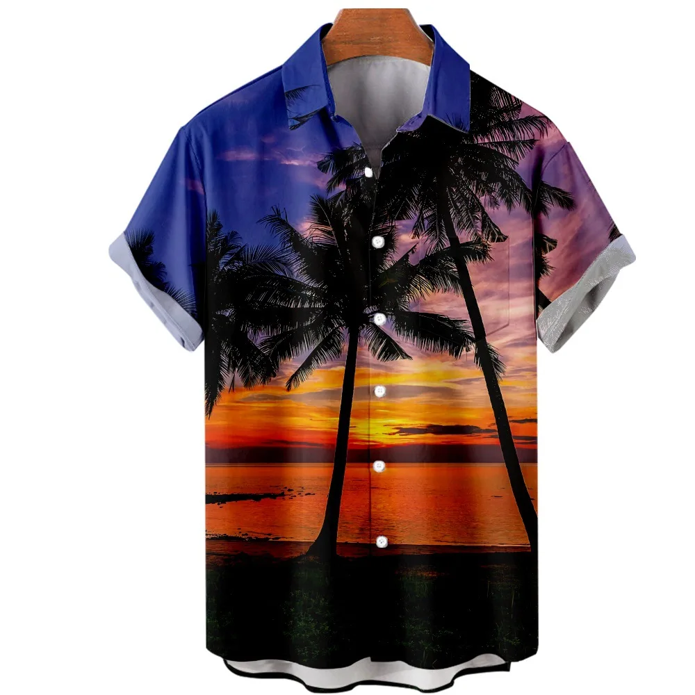 Men's Hawaiian Shirt Lapel Fashion Short Sleeve Loose Breathable Top Summer Beautiful Sunset Beach Men Clothing 2023