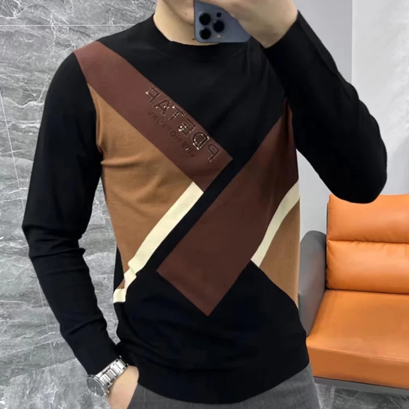 Men O-Neck Color Contrast Knitted Stitching Men Long-sleeved Pullover Casual Letter Pattern Comfortable T Shirts Tee Shirt Homme