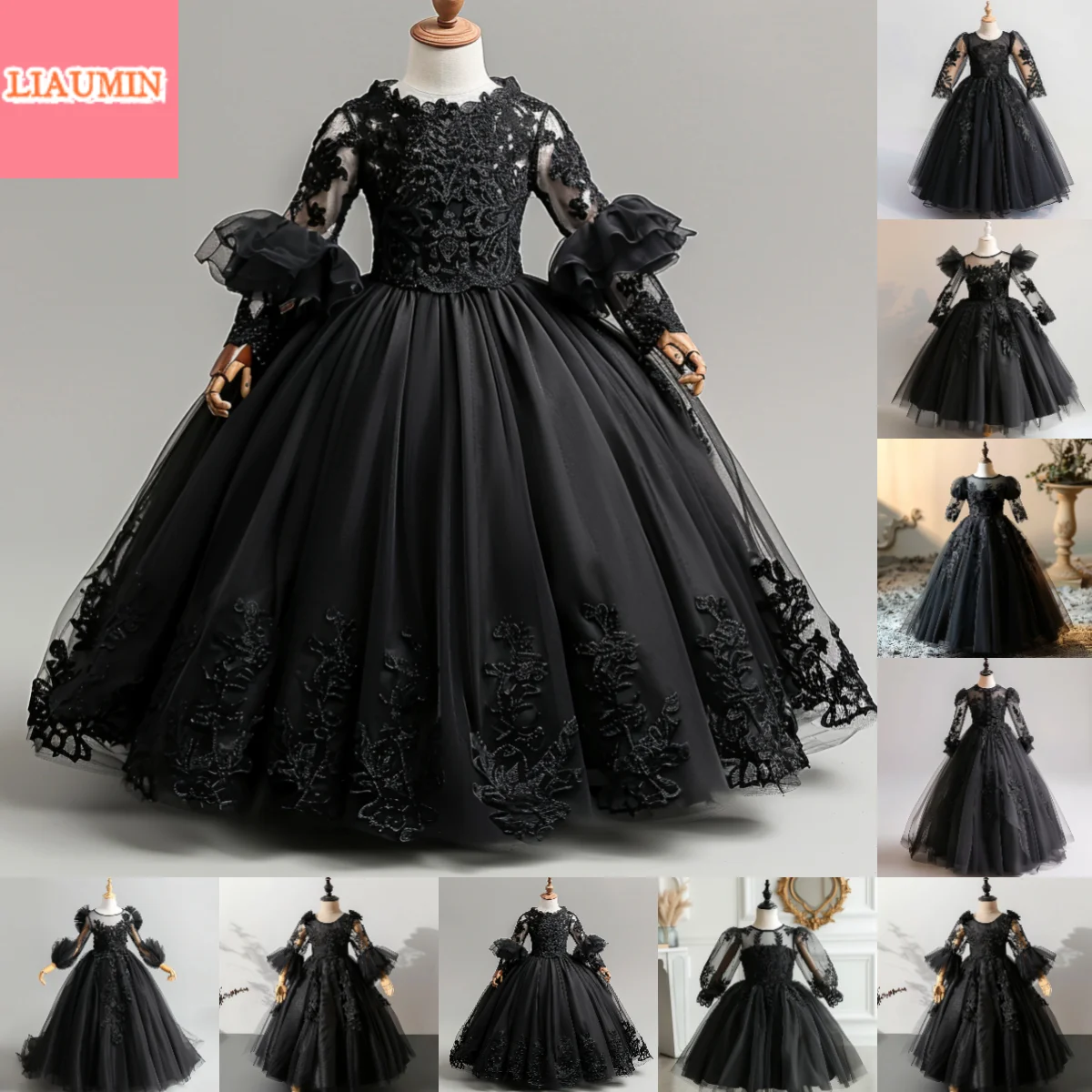 

Black Tulle Lace Applique O Neck Long Sleeve Flower Girl Dresses Brithday Princess First Communion Pageant Skirt Hand Made W9-17