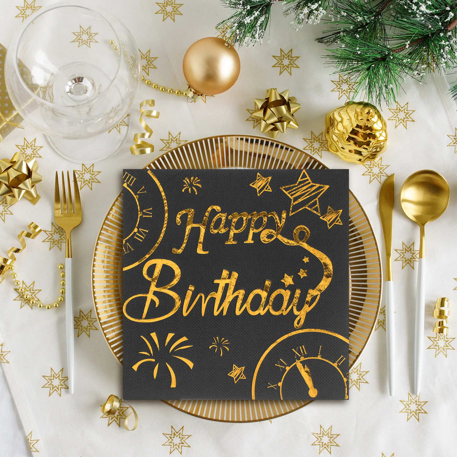 

50Pcs Happy Birthday Black Gold Napkins Disposable Paper Napkins for Birthday Party Dinner Table Decoration Kids Party Supplies