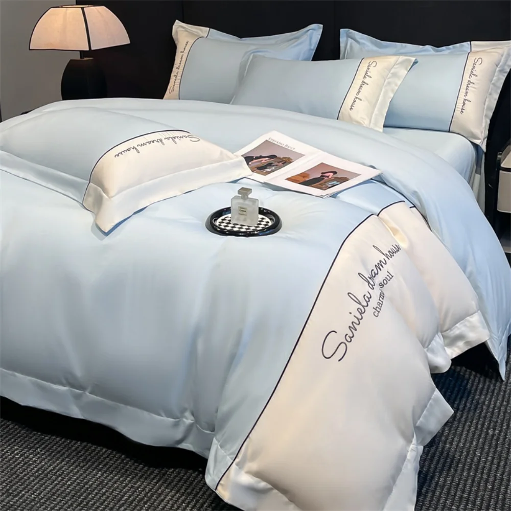 

Light Luxury European Ice Silk Four-Piece Set Silky Smooth Sleeping Naked High-End Summer Duvet Cover Set Bed Sheet Bedding Set
