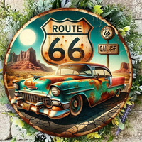 Vintage Route 66 Metal Wall Art Sign - 8x8 Inch Retro Americana Decor with Classic Car & Desert Scene - Rustic Tin