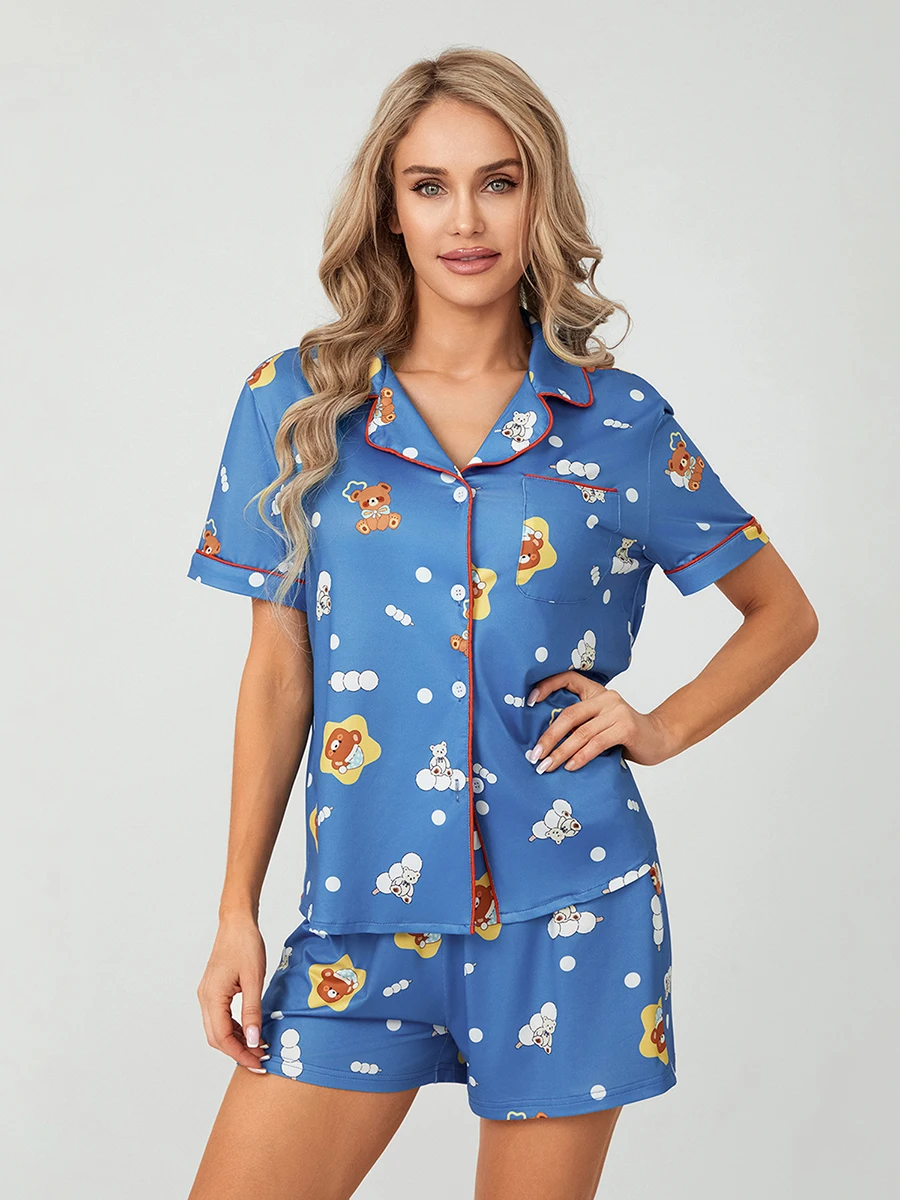 

Women Cute Print Blue Pajama Sets Summer Loose 2 Piece Short Sleeve Lapel Butoon Up T-shirts + Shorts Suits Loungewear Sleepwear