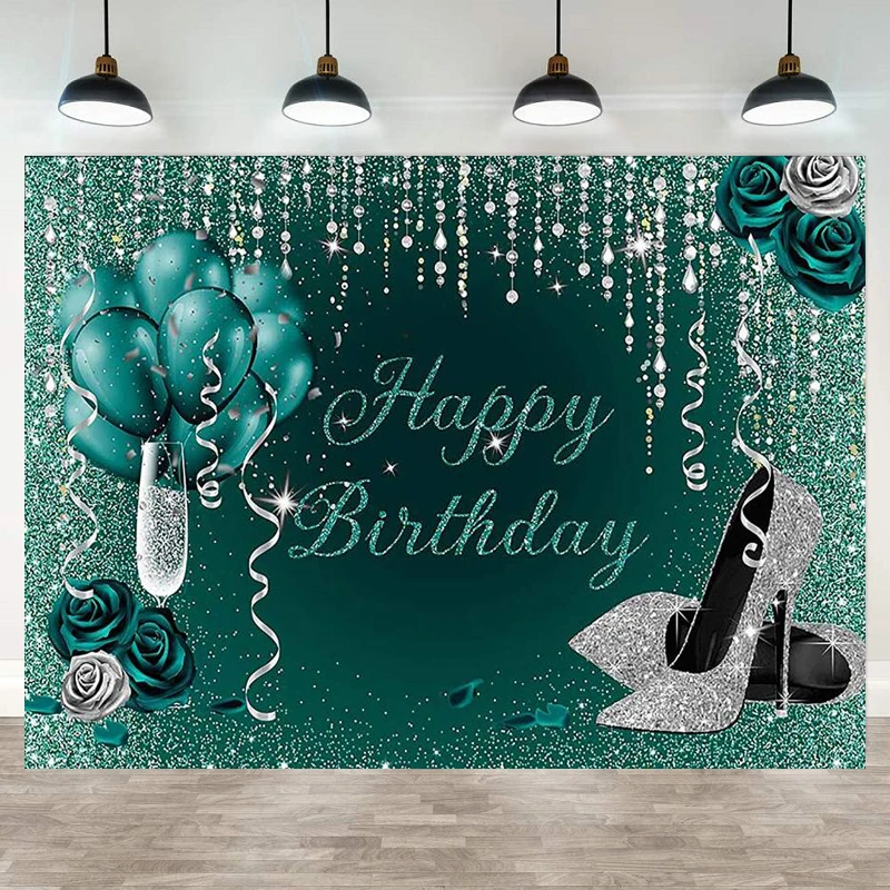 Teal Silver Birthday Backdrop Glitter Turquoise Dots Silver High Heels Champagne Glass Rose Floral Decorations Women Background
