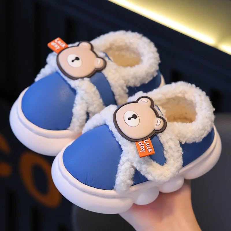 2024 Cartoon Bear Toddler Boys Girls Slippers Winter Warm Plush Kids Slippers Hook Loop Soft Children Indoor Shoes