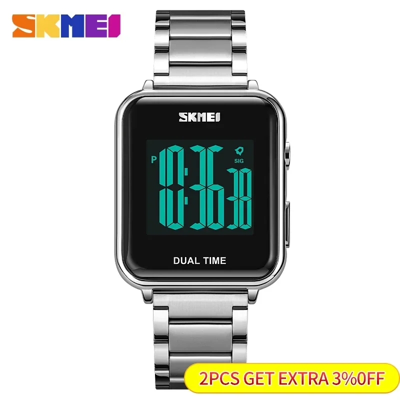 Skmei Mens Waterproof Chronograph Wristwatch Stainless Steel Strap Electronic Clock Back Light Calendar Digital Watch 1852