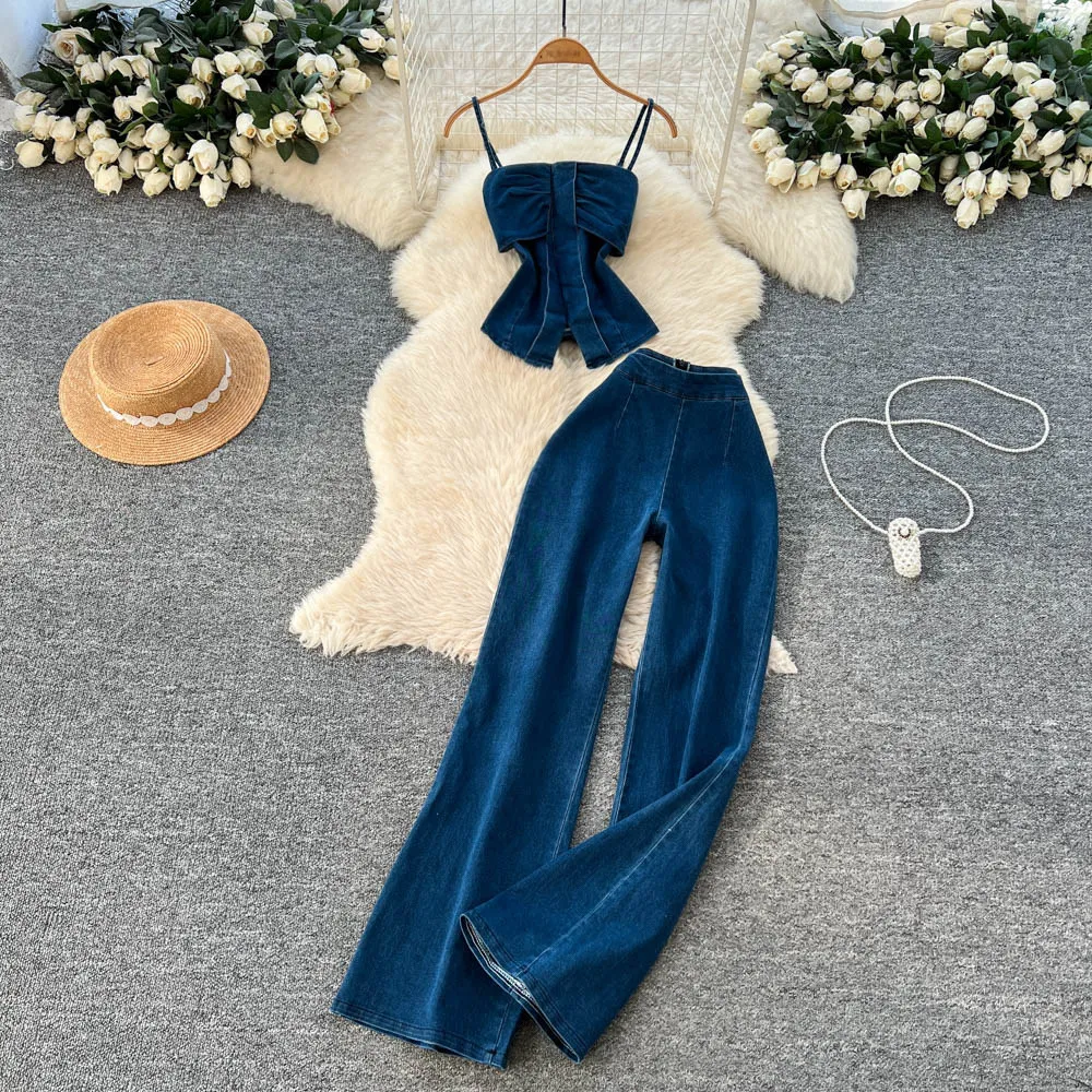 

Two Pieces Women Pant Sets Denim Matching Set Strapless High Waist Zipper Wide Leg Pants Slim Y2K Streetwear Casual 2026 Summer