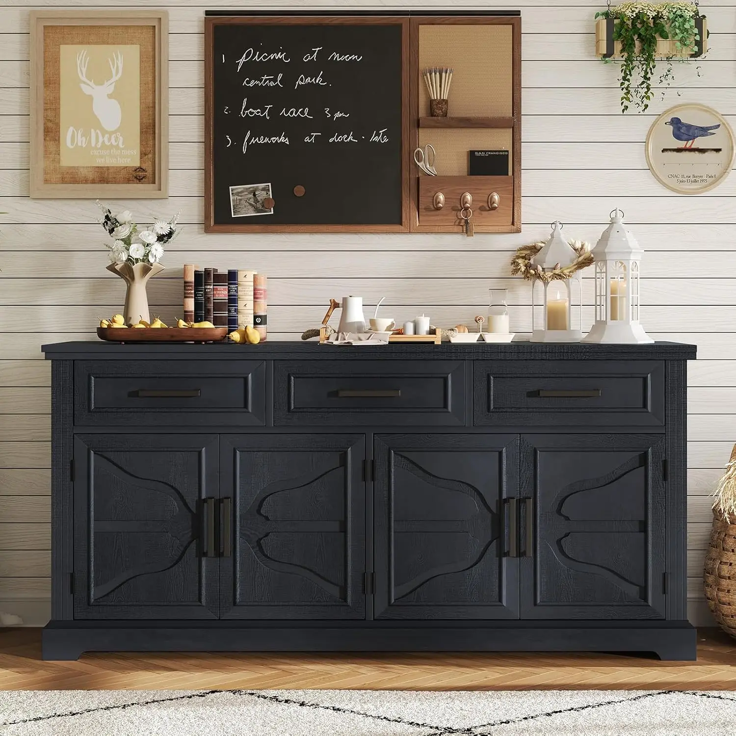 Accent Cabinet with 4 Doors & Adjustable Shelves, Coffee Bar Wine Storage Table for Dining Room, Living Room, Black