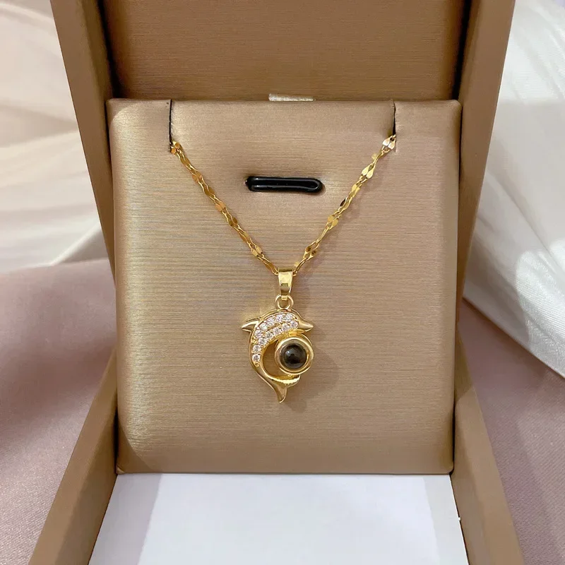 Temperament Cute Full of Zircon Dolphin Projection Opal Pendant Necklace for Women Charm Gold Color Stainless Steel Jewelry Gift