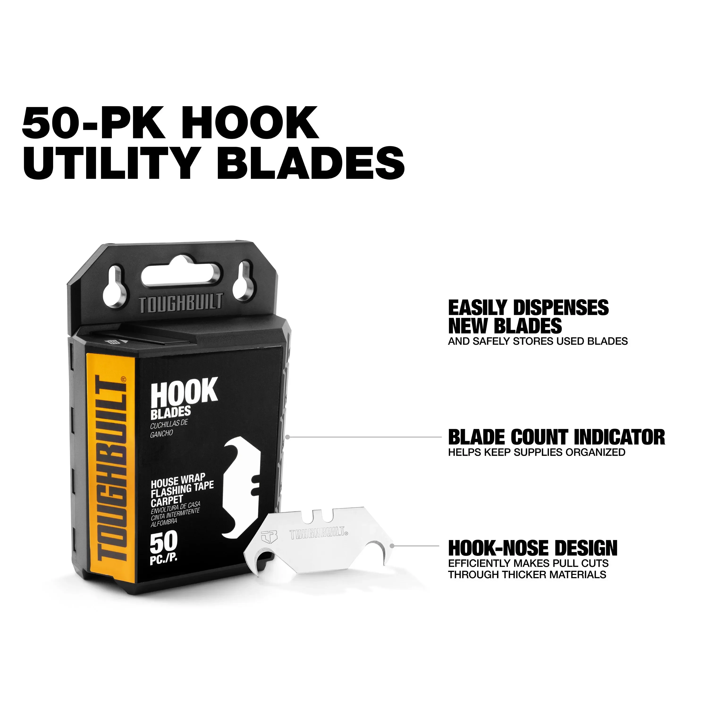 TOUGHBUILT TB-H4S50-14-60 50PC Hook Utility Blades Heavy Duty Replacement Knife Blades for Power Tools Industrial Cutting Tools