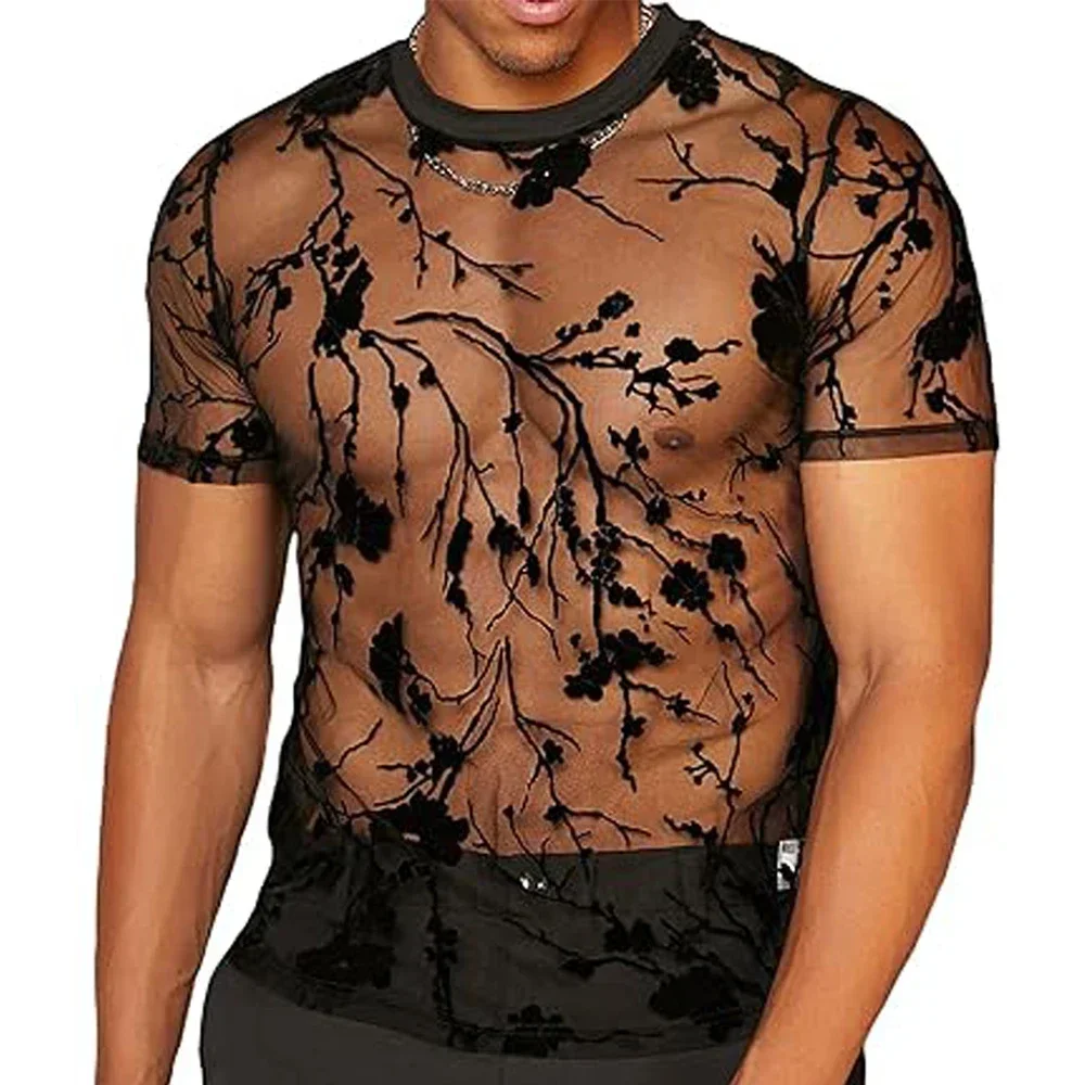 

Mens Sexy Tops Mesh See Through T-shirts O Neck Short Sleeve Transparent Tees Streetwear Party Night Clubwear Casual Undershirts