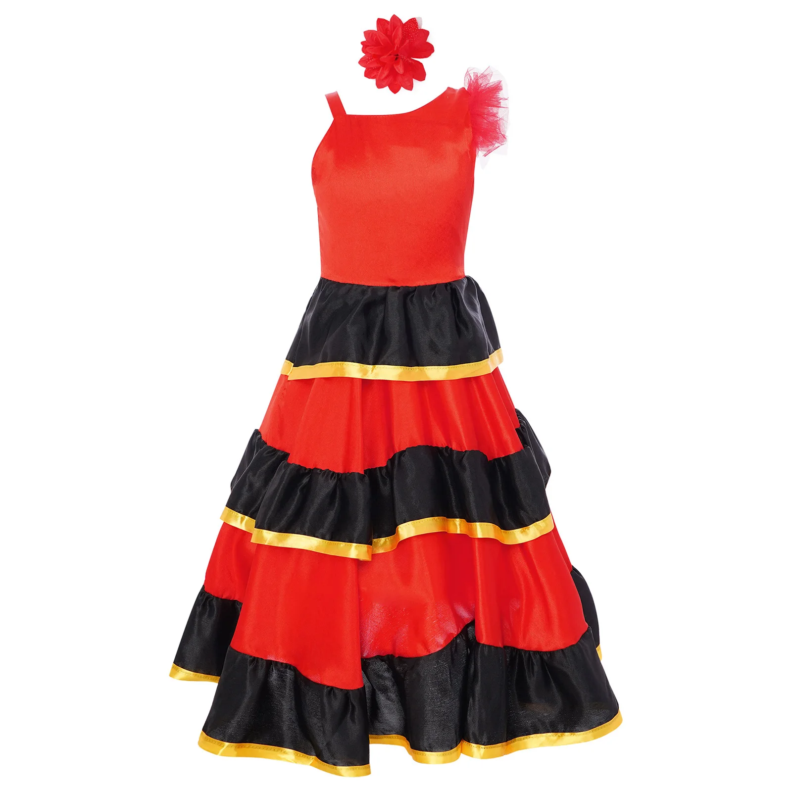

Kids Girls Flamenco Spanish Dancer Costume Satin Full Circle Bull Dance Dress with Headwear Maxi Length Performance Dancewear