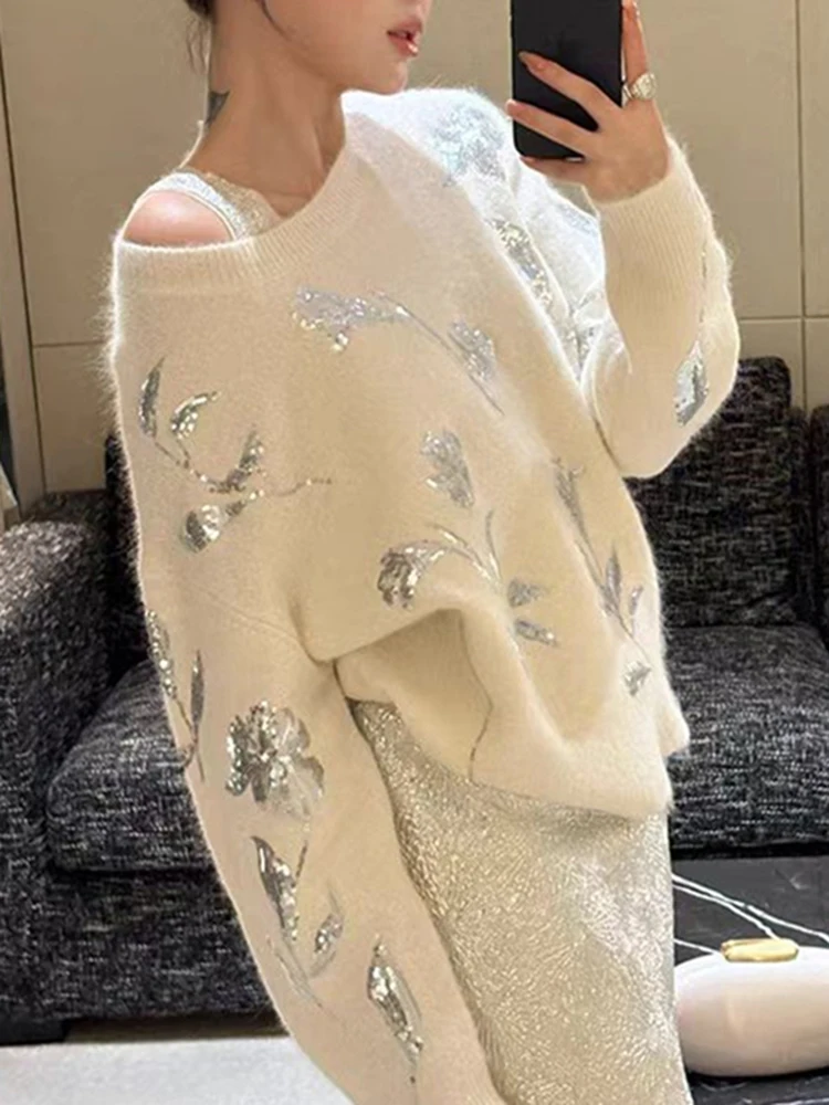 Stylish Sequined Sweater Women Autumn Winter Long Sleeve Elegant Knitted Tops Pullovers Jumpers Pull Femme