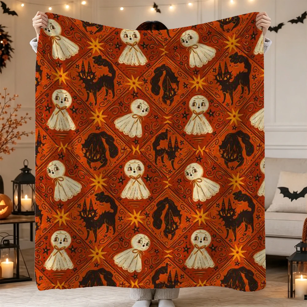 Halloween Flannel Throw Blanket, Cute Ghost Black Cat Pattern, Soft Warm Blanket for Sofa Bed Festive Home Decor