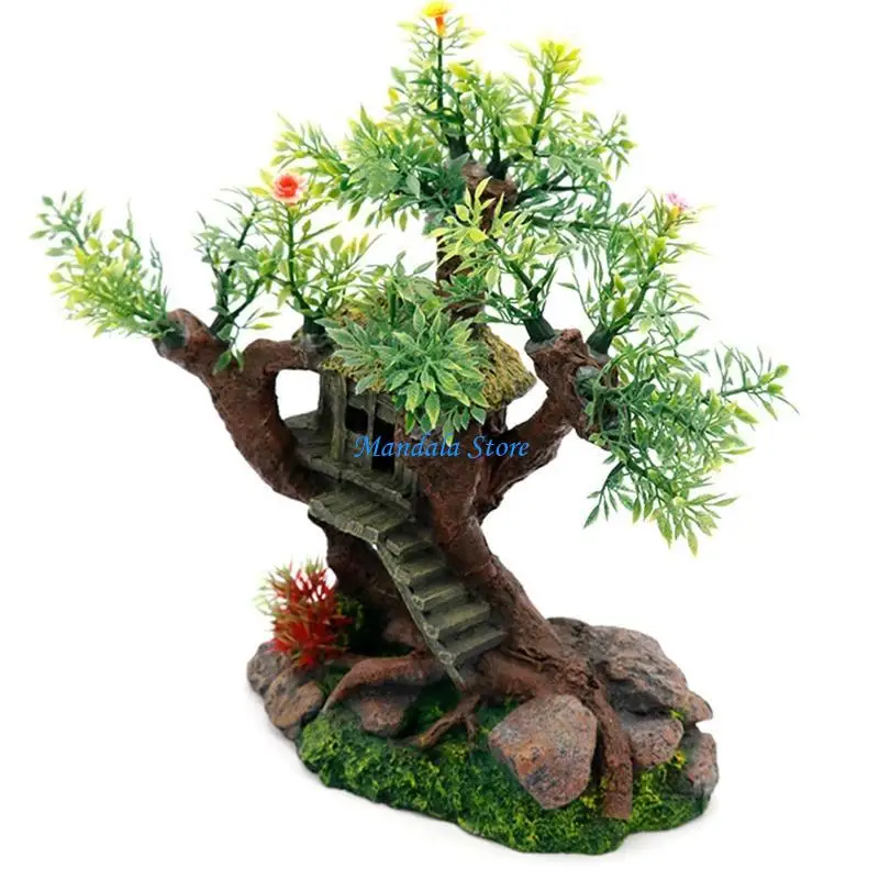 

U2JC Aquarium Decor House on Tree Fish for Tank Betta Shelter with Rocks for Aquatic
