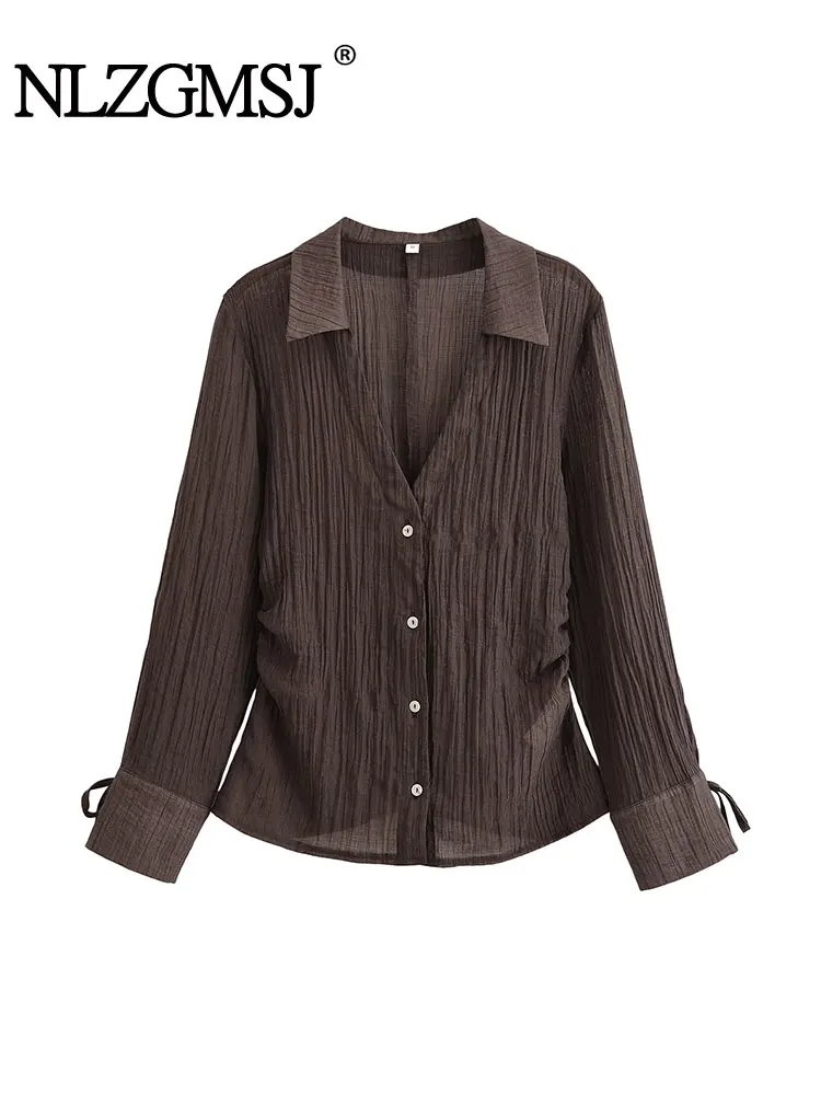 

2025 Summer Women's Long Sleeve Bow Shirt Turn-Down Collar Fashion Blouse Button Design Single-Breasted Solid Top