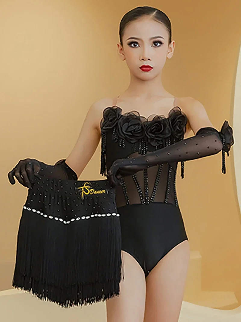 Children 3D Flower Spaghetti Strap Tassels Latin Dance Practice Dress Kids Girls Rumba Chacha Performance Competition Costume