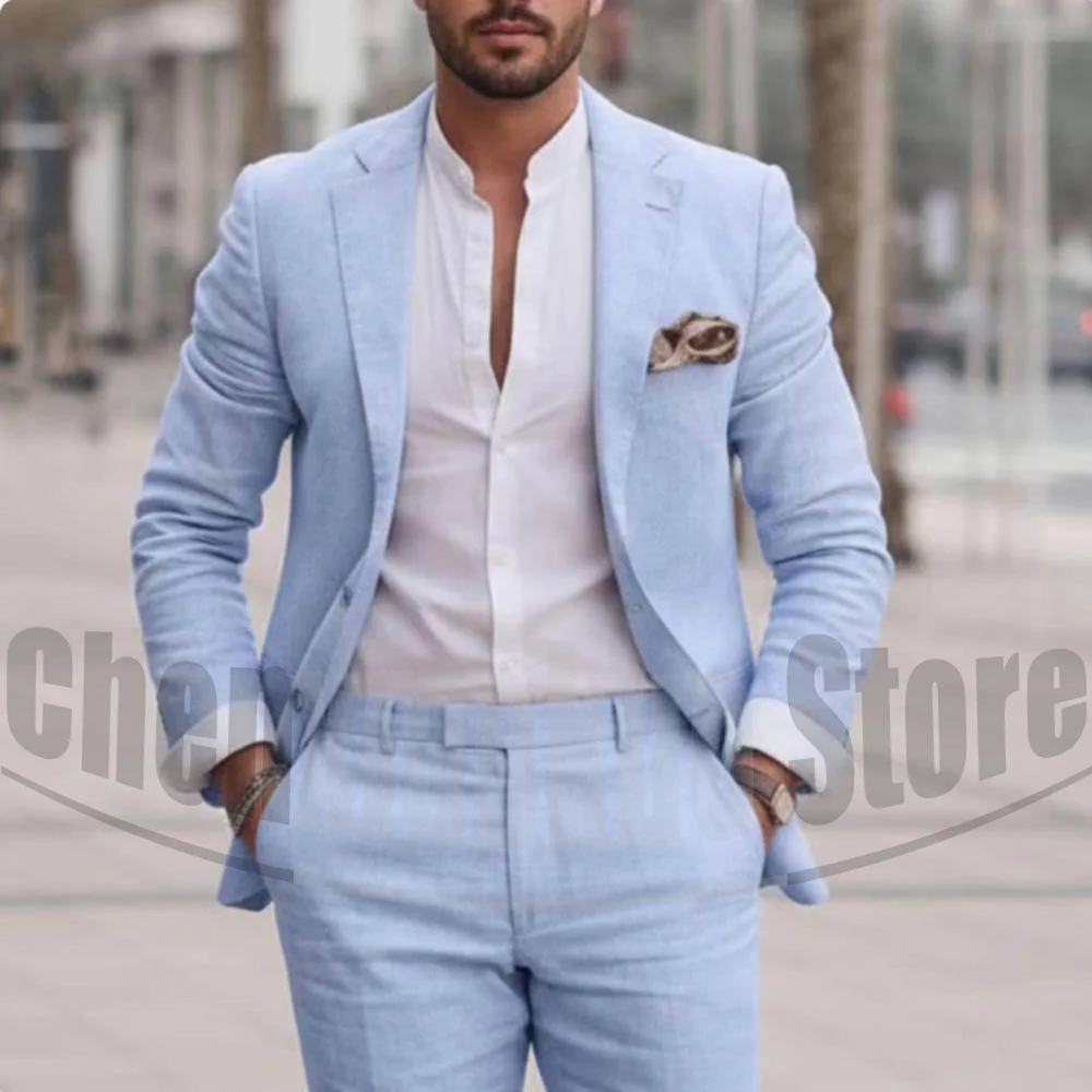 Chic Linen Two Piece Men Suit Notch Lapel Jacket Slim Pants Summer Holiday Beach Groom Smart Casual Male Wedding Tuxedo 2 Piece