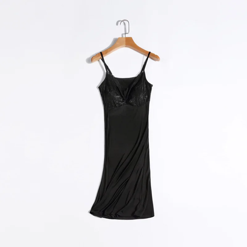 Birdtree 50% Silk Sling Dress Lace Edge Mid Length Removable Chest Pad Bottom Skirt Sexy Sleeping Dress Tank Top Skirt P30629QC image 3