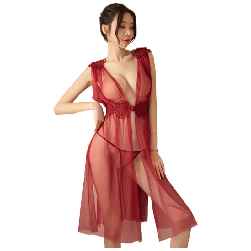 

NightDress G String Set Erotic Lingerie Sexy Perspective Pajamas Passion Nightwear Uniform Seductive Long Sheer Lace Dress