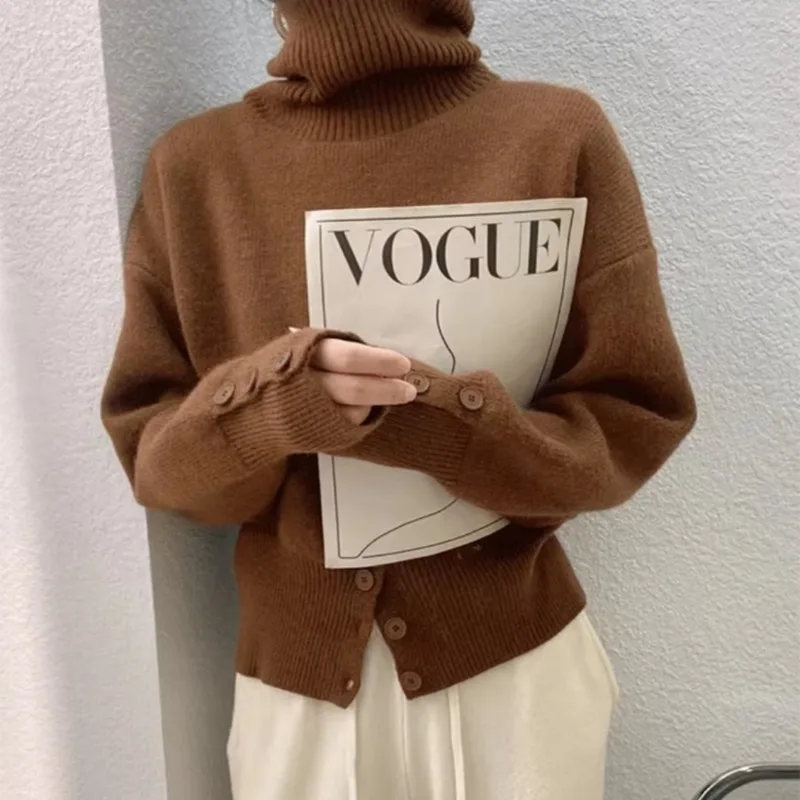 

Autumn Winter Fashion Women's Turtleneck Long Sleeve Knitted Sweater Solid Color Oversized Chic Pullover with Button Cuff Detail