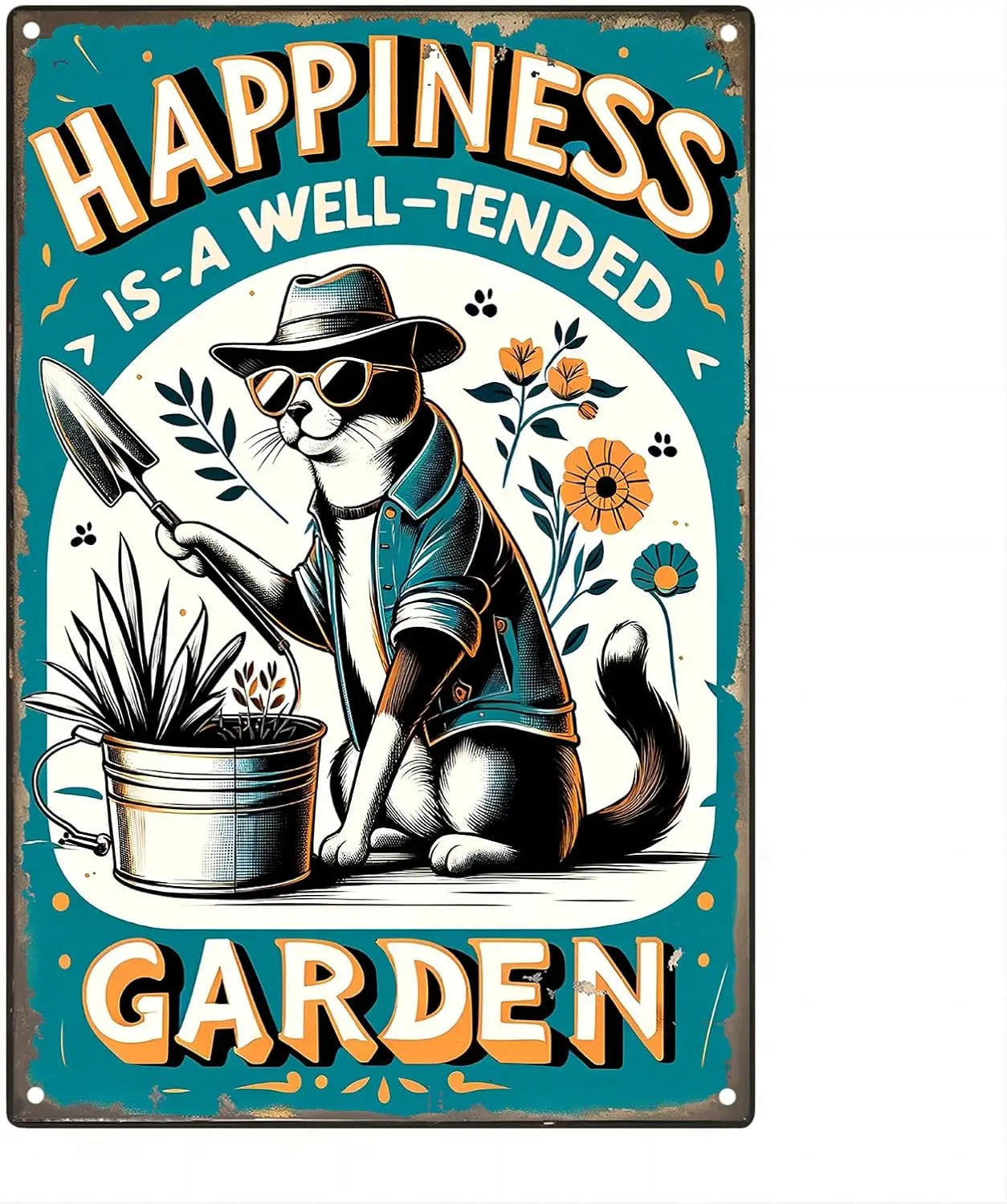 Funny Cat Metal Poster 'Happiness is A Well-Tended Garden' Aluminum Tin Sign Wall Art for Garden, Living Room Decor, Gar