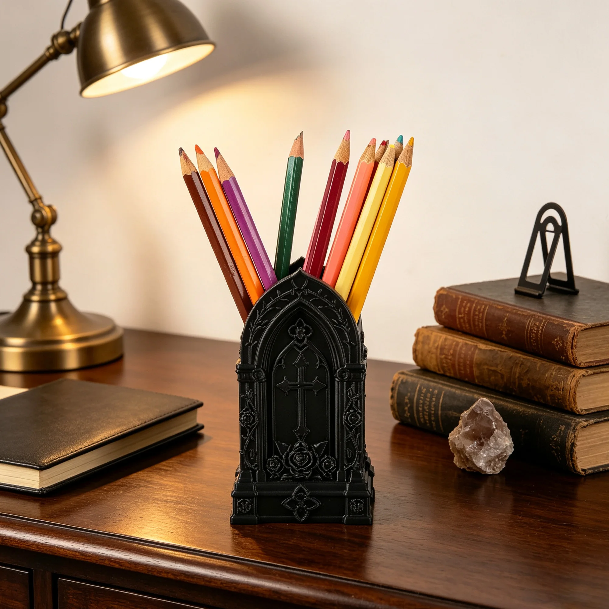 Cross‑border Gothic Church Carved Pen Holder, Vintage Cross Rose Embossed Desktop Stationery Storage Decor