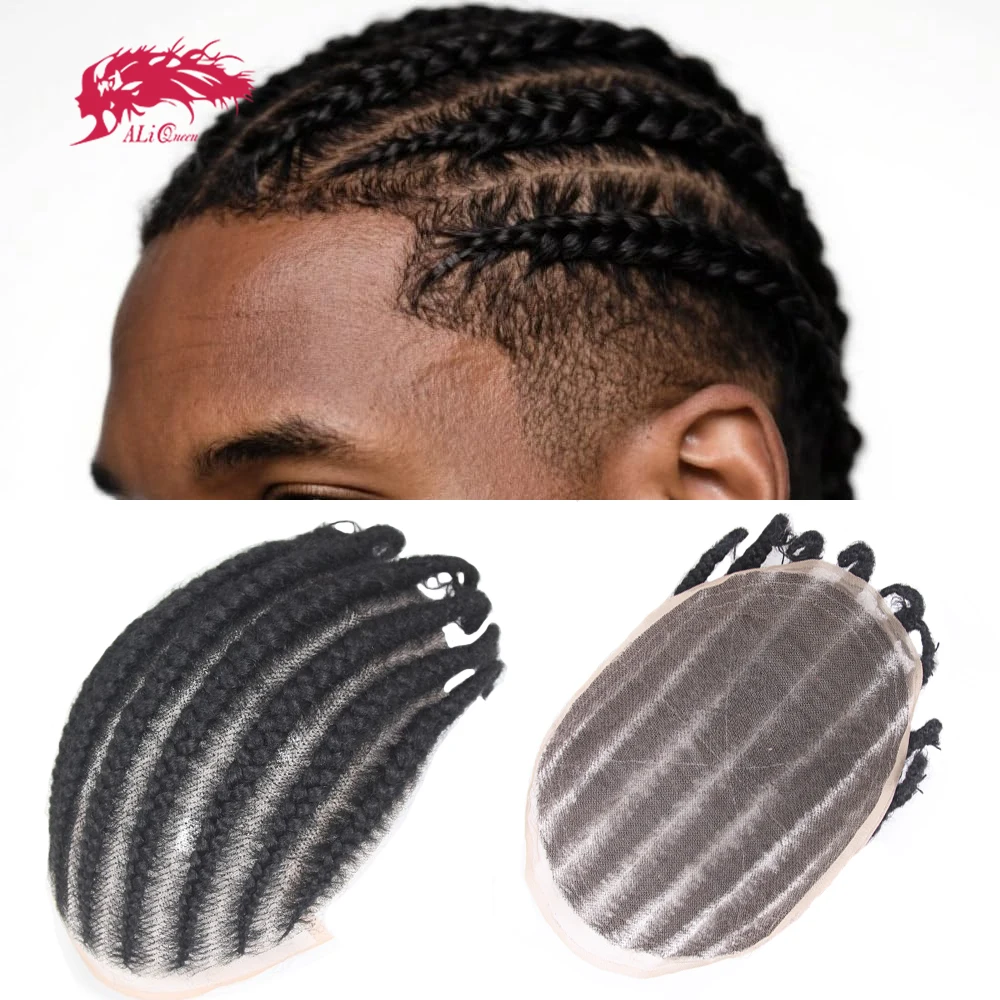 

Ali Queen Hair Toupee for Men Braids Hair pieces Mens Replacement System Full Lace Hairpiece Real Human Hair Breathable Lace #1B