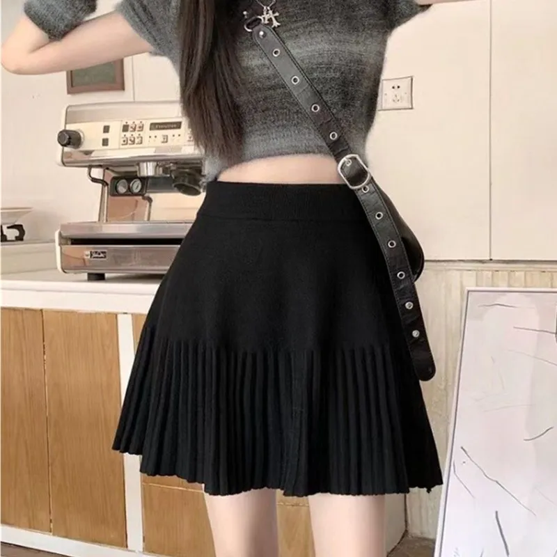 

2024 Autumn Winter Knitting Pleated Skirt For Women Korean Japaness Style High Wasit A Line Knitted Ladies Skirts