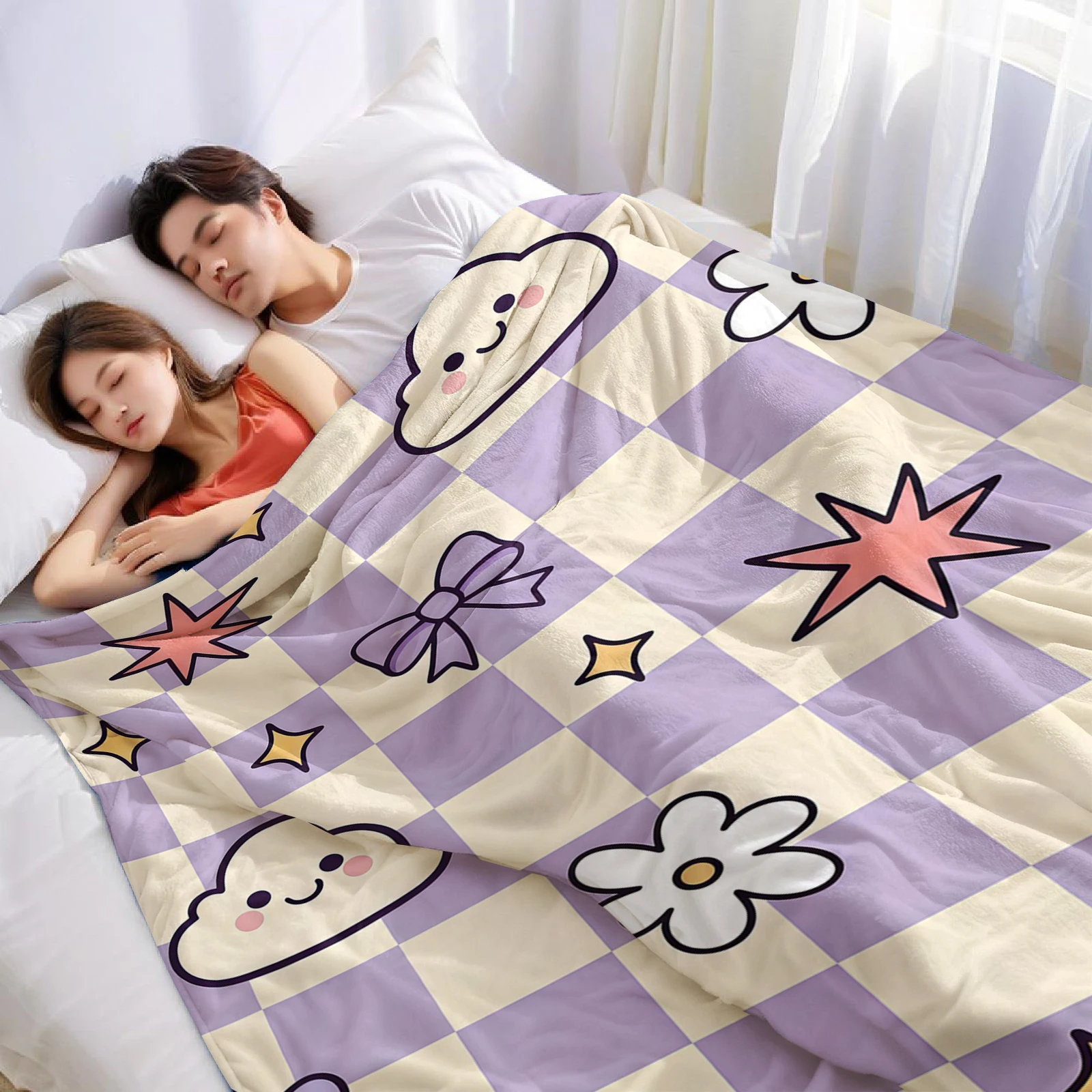 Purple Checker Cute Doodle Ultra Soft Sherpa Fleece Blanket Fluffy Warm Halloween Cozy Throw for Sofa Couch Bedroom All season