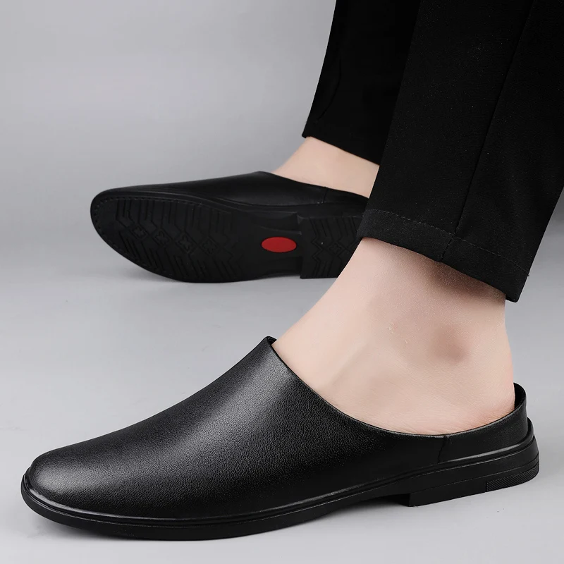 2026 Adult Summer Half Drag Peas Leather Mens Driving Shoes Men's Backless Penny Loafers Men Moccasins Man Mules Tenis Masculino