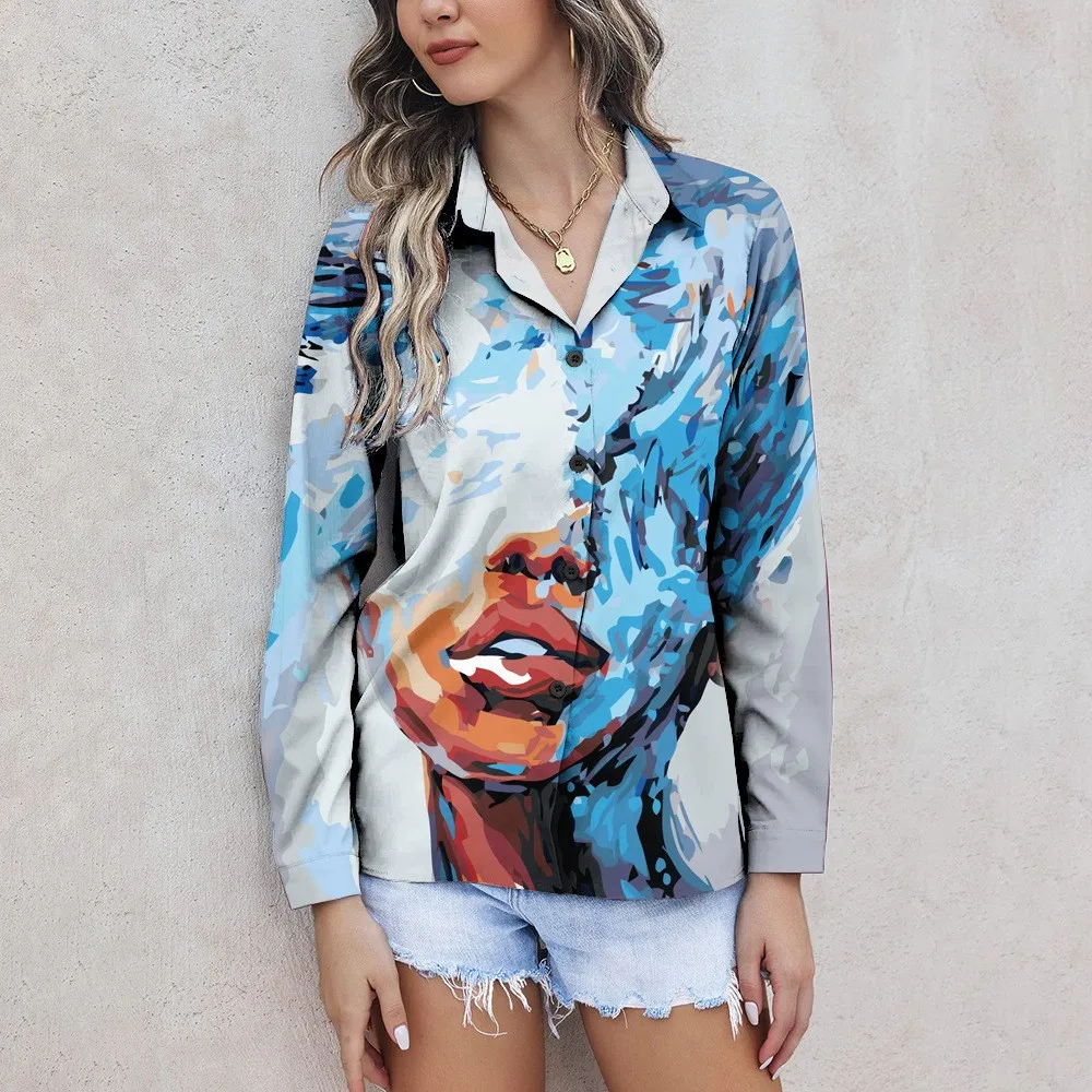 Retro Lapel Cardigan Blouse Women Autumn Artistic Facial Abstract Oil Painting 3D Digital Print Loose Casual Long Sleeved Shirt