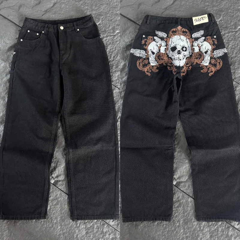 DERSCHUTZE Men Loose Denim Jeans Vintage Skull Angel Embroidery Wide Leg Trousers