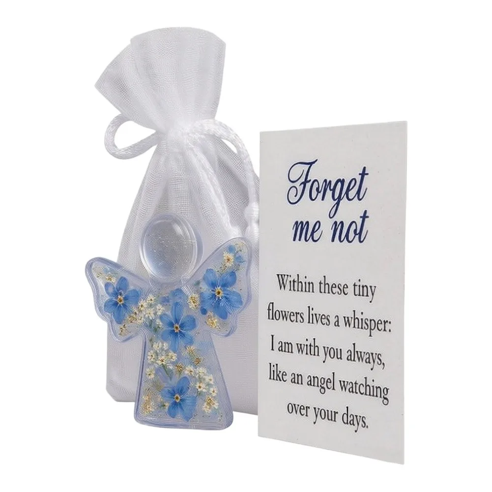Symbolic Memorial Angel with Preserved Forget-Me-Not Blooms Comfort Keepsake for Grief Remembrance 7cm Size Plastic