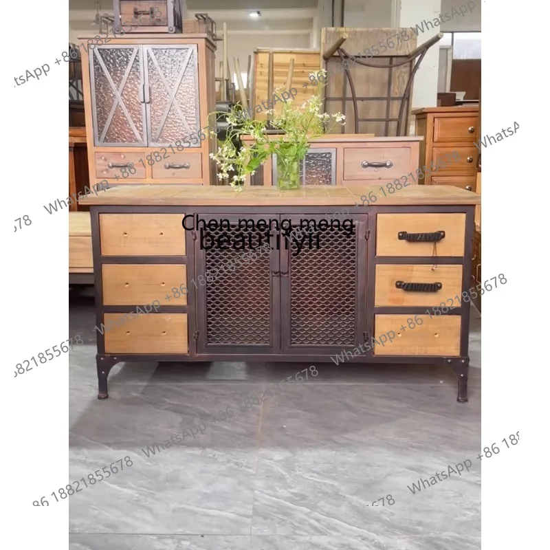 Pine solid wood retro wrought iron engraved TV cabinet coffee table storage cabinet locker