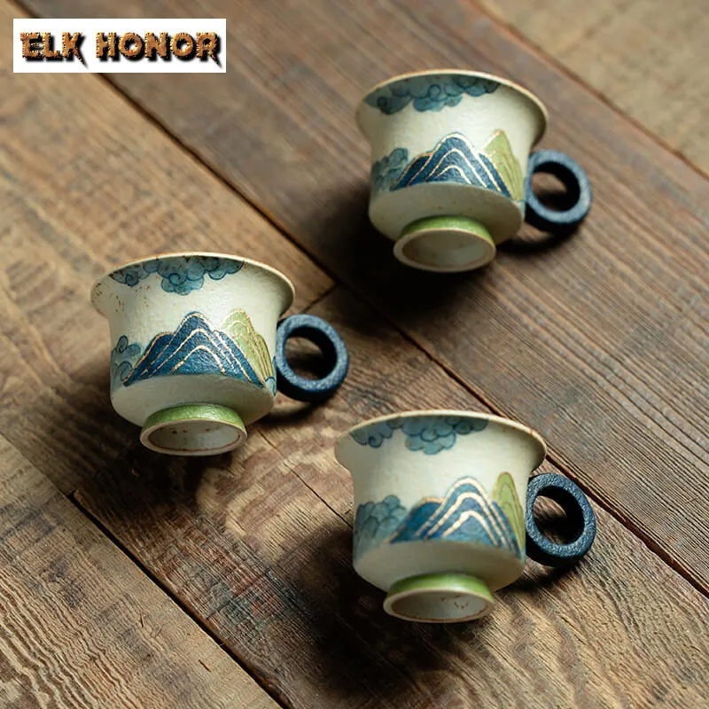 40ml Hand-painted Tracing Gold Green Mountains Teacup Vintage Tea Bowl Tea-tasting Smelling Cup Chazhan Master Cups Teaset 1pc