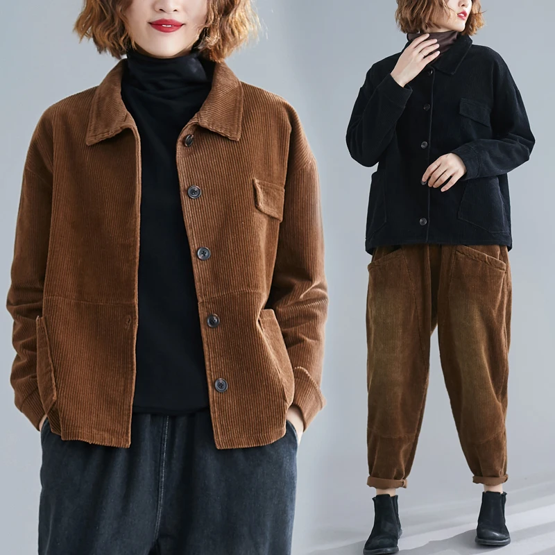 

Autumn Winter Women's Oversized Corduroy Jacket Casual Versatile Short Top Meat Concealing Loose Fit Retro Style Commute Wind