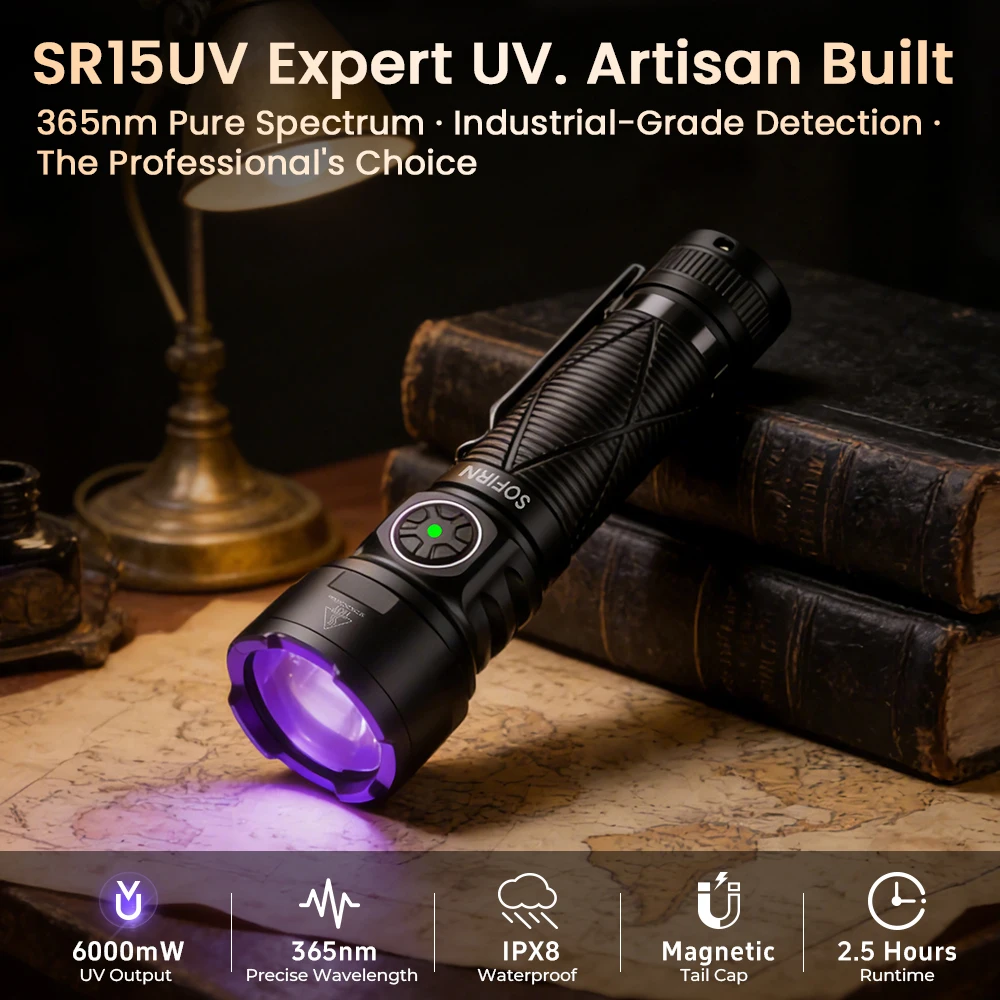 SOFIRN SR15 UV Flashlight 365nm SST08 LED 21700 USB-C Rechargeable IPX8 Waterproof Magnetic Tail Detector Torch