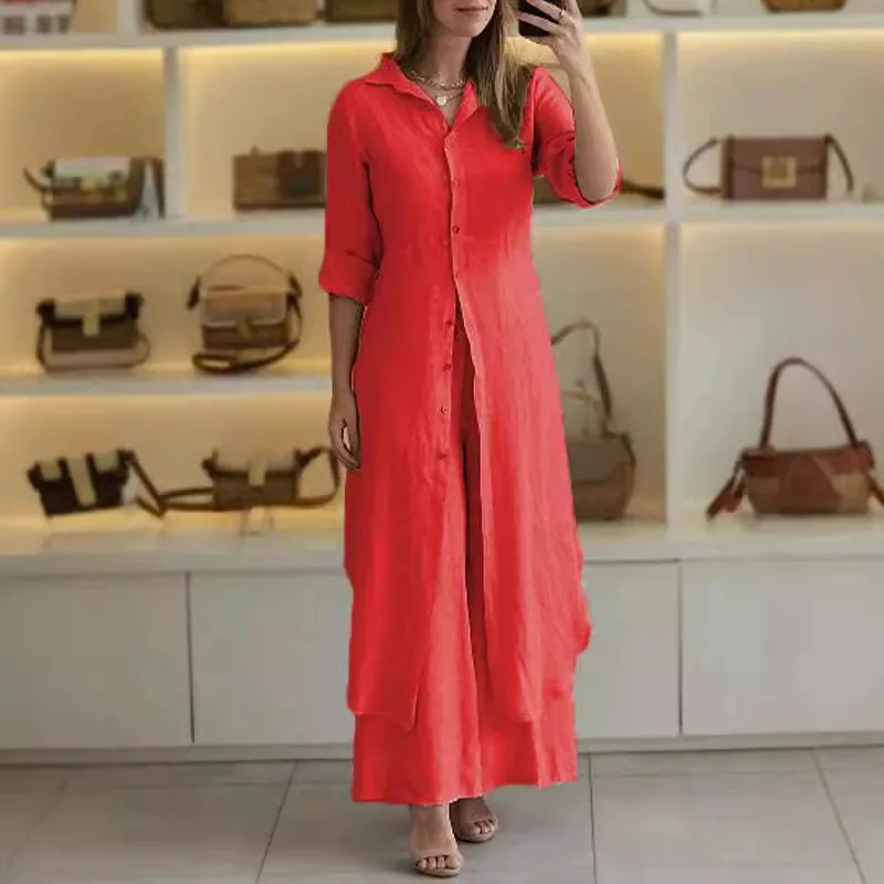 春夏 レディース シャツ ロングパンツスーツ エレガント カジュアル スリム ウエスト ロングシャツ 無地 ワイドレッグパンツ ツーピースセット