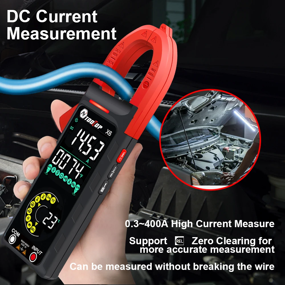 TOOLTOP X6 inteligentny cyfrowy miernik cęgowy AC DC pomiar prądu 6000 zliczeń multimetr 400A amperomierz woltomierz Hz pojemność NCV Ohm