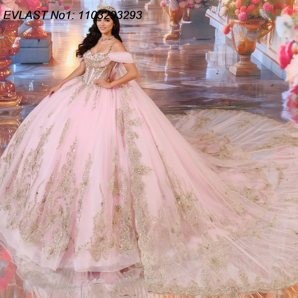 Evlast personalizado mexicano rosa quinceanera vestido de baile ouro renda applique frisado espartilho doce 16 vestido de 15 anos e1q69